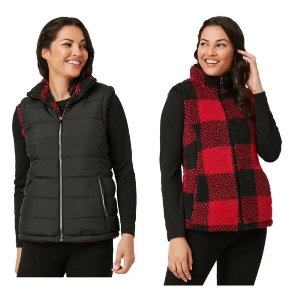Free Country Cloud Lite Reversible Vest Women's Small S Black Red Plaid jacket - Picture 1 of 12